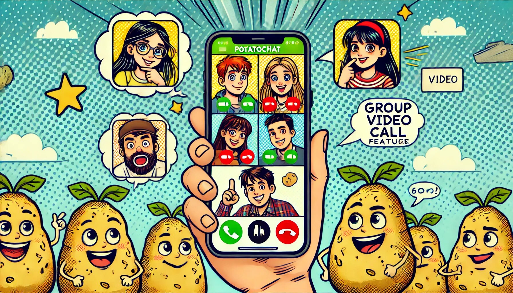 DALL·E 2025-03-03 17.50.54 - A comic-style image of a group video call feature from PotatoChat, showing cartoon characters interacting with each other on their smartphones. The ba_proc.jpg