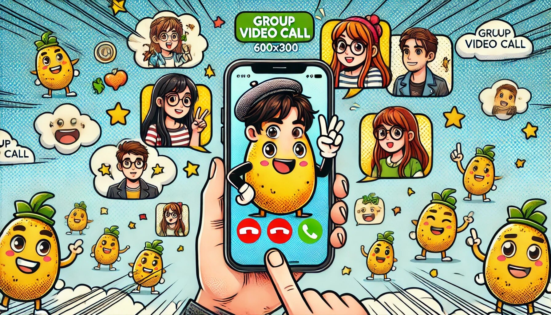 DALL·E 2025-03-04 18.00.32 - A comic-style image of a group video call feature from PotatoChat, showing cartoon characters interacting with each other on their smartphones. The ba_proc.jpg